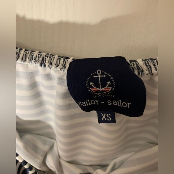 Sailor-Sailor EUC navy blue/white striped off the shoulder ruffle dress Size XS - Picture 2 of 5